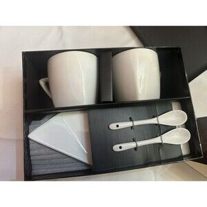 LAZBOY VIP 6 Piece Coffee/Tea Set, White Ceramic Mugs, Saucers & Spoon Set